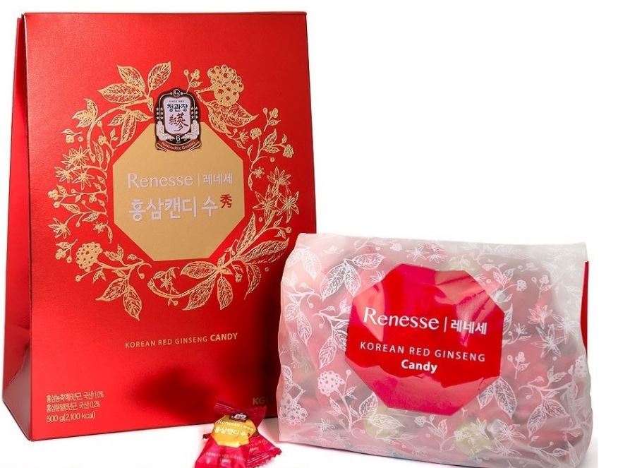 Sản phẩm kẹo hồng sâm Renesse Candy của KGC được đóng gói với bao bì màu đỏ tươi sang trọng
