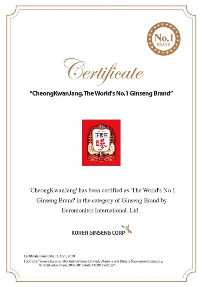 Chứng nhận thương hiệu nhân sâm hàng đầu thế giới của thương hiệu CheongKwanJang